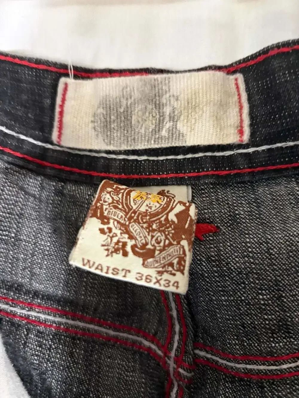 Vintage Men's Black Denim Wide-Leg Embroidered Jeans Size 36x34